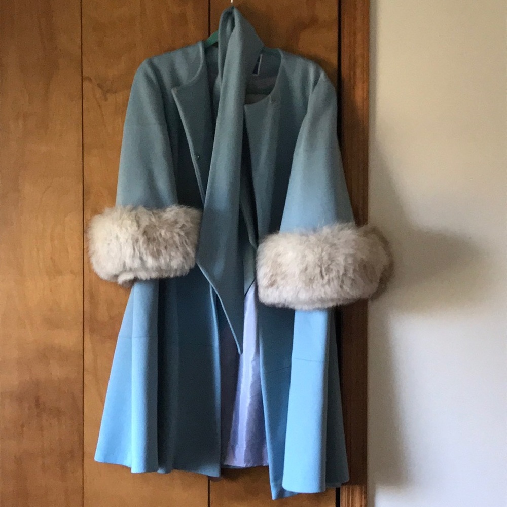 Vintage powder blue Russian coat with fur detail